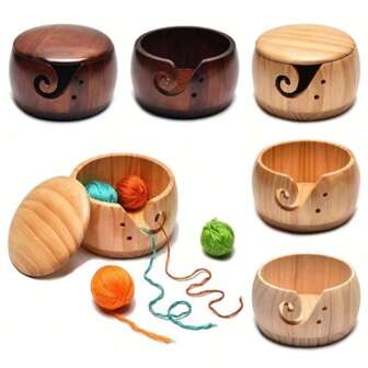 1 件木制纱线碗羊毛针织收纳篮收纳盒，带手工孔防滑收纳袋，适用于工艺钩针套件 DIY 艺术编织工具