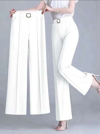 Women's Elegant Solid Color Toothpick Striped Design Straight Leg Loose Casual Commuter Pants Trousers