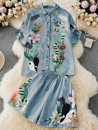 女士休闲套装波西米亚印花两件套西装