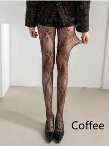 1 par de pantimedias retro francesas de alta gama con encaje de rosa, mallas de gran elasticidad, calcetines ajustadores de jacquard calados