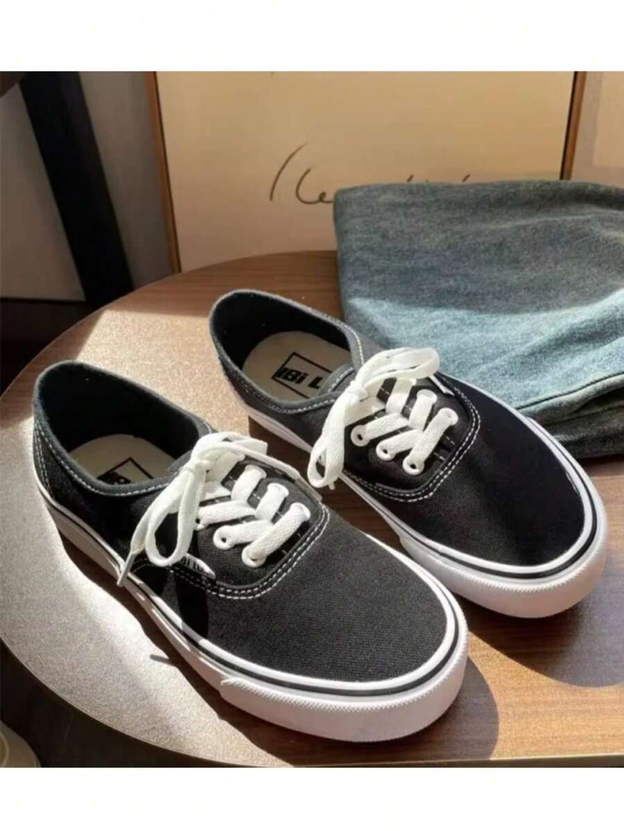 tenis hombre mujer casuales de lona planos unisex baratos moda 22mx 28mx confort al caminar basicos con agujetas zapatillas urbano deportivo rojo blanco negro azul - Blanco y Negro - Ver 1