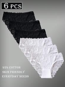 6pcs Elegant Solid Color Panty Lace Trim Briefs Underwear Set For Women