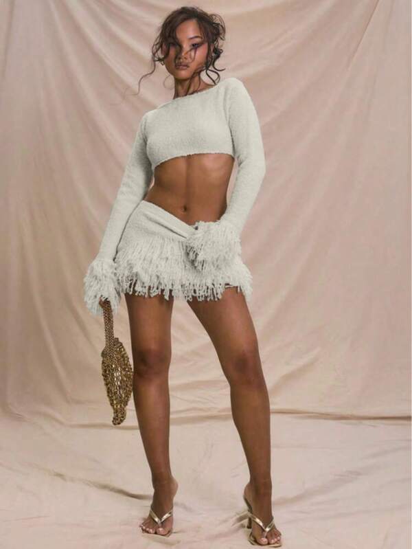 Damen Herbst/Frühling Einfarbig Off-Shoulder Kurzen Strick Rock Set, Casual & Modisch