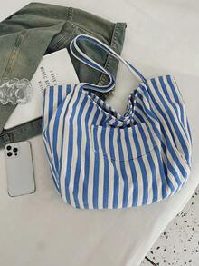 Retro Style & Chic Striped Canvas Tote Bag, Large Capacity Shoulder Bag, Casual Design Suitable For Women Travel, Holiday Use