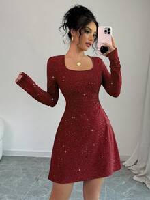 abyoxi Red Color Square Neck Long Sleeve Slim Fit Waist Detail A-Line Mini Party Dress With Flash Fabric,Dating,Romantic,Simple,Hot Girl,Fashionable,Valentine's Day,Back To School,Fall/Winter Clothes For Women