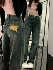 Women's Loose Cargo Jeans With Pockets & Distressed Design