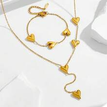 2 Pcs Stainless Steel Bracelet Necklace Set,Heart Sharp Pendant, Perfect For Daily Use Travel,Gift - Women's Model - View 1