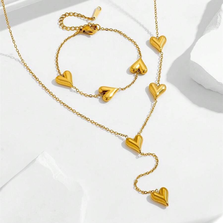 2 Pcs Stainless Steel Bracelet Necklace Set,Heart Sharp Pendant, Perfect For Daily Use Travel,Gift - Women's Model - View 1