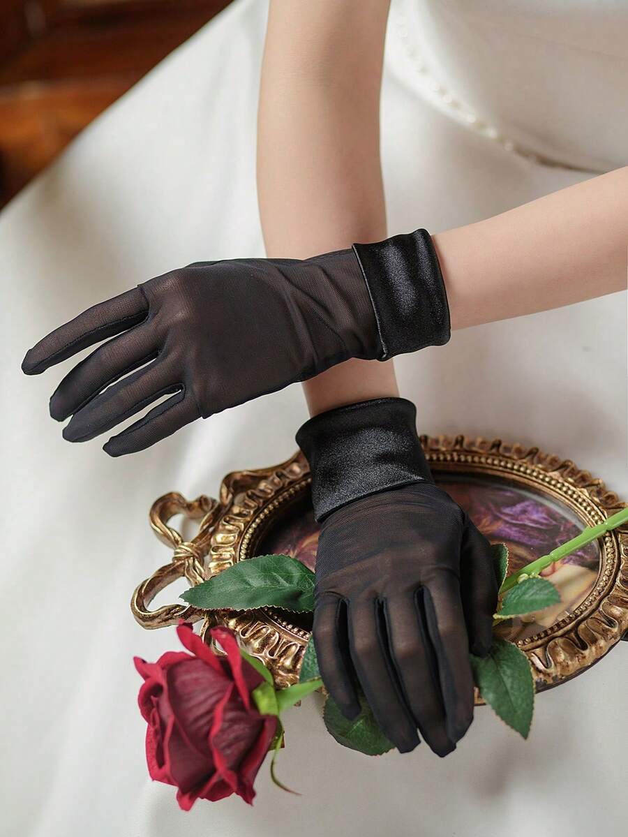 1 Pair High Elastic Satin Trim Bridal Gloves, Suitable For Parties, Dates, Weddings And Other Occasions Autumn Accessories - Black - View 1