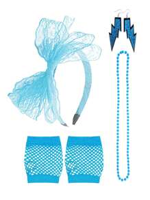 D EXCEED 4/5 pièces Ensemble d'accessoires rétro néon des années 80 pour femmes, collier de perles à tenue rétro, serre-tête à nœud en dentelle, gants résille, lunettes de soleil à stores vénitiens, boucles d'oreilles éclair, essentiels pour fête rétro Halloween