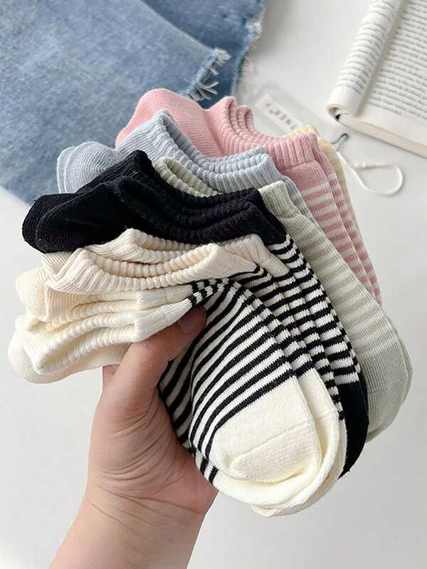 5 Pairs Of Women's Ankle Socks, No Show Socks, Striped Crew Socks, Suitable For All Seasons, Random Colors