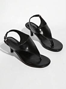 Women's French High Heel Sandals, New Summer Design With Ankle Strap, Stiletto Heel, Wooden Pattern Block Heel, Thong Style - Black - View 6