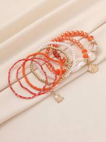 7pcs/Set Seashells, Pearls & Starfish Beads Layered Bracelet Set, Boho Stackable Design For Women, Beach Holiday Casual Wear, Random Shell Patterns, Great Gift Idea