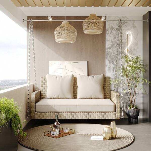 MERAX Hollywoodschaukel für 2 Personen – Rattan Gartenschaukel mit Sitzkissen und 2 Rückenkissen, Outdoor Gartenmöbel-Set für Balkon, Terrasse & Garten, Grau