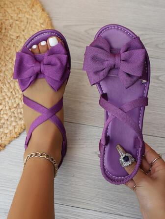 女士时尚蝴蝶结凉鞋，交叉带设计平底凉鞋，带松紧带，舒适夏季户外凉鞋