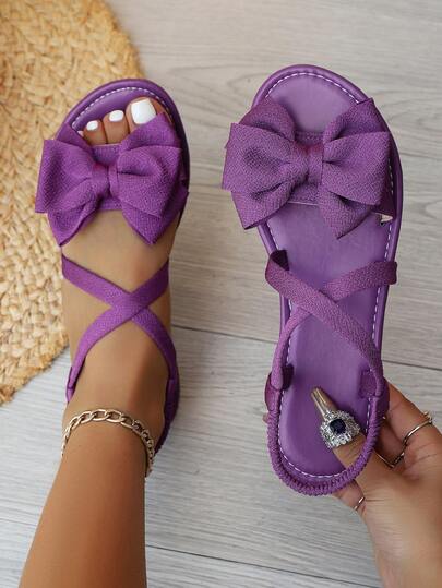 女士时尚蝴蝶结凉鞋，交叉带设计平底凉鞋，带松紧带，舒适夏季户外凉鞋