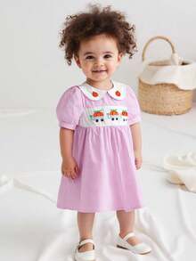 3-7 Years Kids Girls Halloween Dress, Short Sleeve Plaid Embroidery Pumpkin Summer Dress Halloween Costumes - Pink - View 4