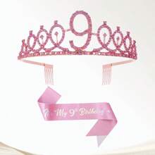 2pcs/Set 4th 5th 6th 7th 8th 9th 10th 12th 13t 16th Birthday Gift Party Favor Rhinestone Crown Jewelry Peony Ribbon Number Etiquette Rose Flower Shoulder Strap Onion Powder Cloth Belt Holiday Dress Up Set Fashion Number Delicate Crown Tiara Hair Accessories It's My Birthday For Pink