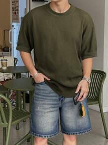 Suéter de punto de cuello redondo de corte holgado, estilo casual coreano, diseño único, oversized, camiseta de manga corta, apta para primavera/verano