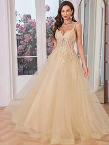 Champagne Tulle Slip Dress Long A Line Sparkly Embroidery Prom Dress - Champagne - View 6