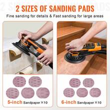 Random Orbital Sander 5 & 6-Inch, 350W Brushless Orbital Sander, 10,000 PRM 6 Variable Speed Electric Palm Sander With 20PCS Sandpapers, Dust Connector & Hose For Woodworking Detailing Sanding - 查看 4