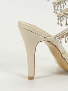 Sandali con tacco a spillo da donna color beige, con cinturini alla moda, decorati con strass e con motivo a serpente attorcigliato, punta tonda minimalista, adatti per estate e autunno
