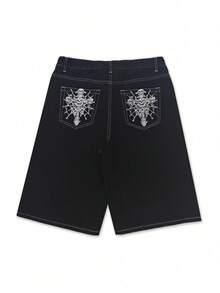 男士水洗黑色轮廓先锋嘻哈街头宽松骷髅刺绣牛仔短裤，春夏季百搭，Emo 风格 - 黑色 - 查看 5