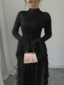 Jeta Ari 女士优雅白色高领荷叶边超长袖连衣裙 - 黑色 - 查看 7