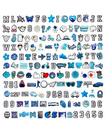 不重复图案 10-50 件装蓝白系列 DIY 鞋饰钥匙扣凉鞋沙滩包，PVC 材质，适用于木屐等鞋款，优质流行装饰配件，圣诞节、生日、派对的绝佳礼物