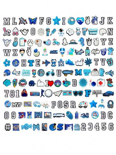 不重复图案 10-50 件装蓝白系列 DIY 鞋饰钥匙扣凉鞋沙滩包，PVC 材质，适用于木屐等鞋款，优质流行装饰配件，圣诞节、生日、派对的绝佳礼物