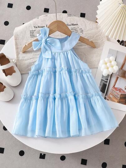 女婴优雅荷叶边蛋糕裙配 3D 蝴蝶结，高端夏季休闲装，适合外出，百搭可爱，宫廷风格派对礼服