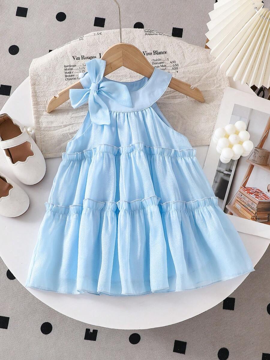 女婴优雅荷叶边蛋糕裙配 3D 蝴蝶结，高端夏季休闲装，适合外出，百搭可爱，宫廷风格派对礼服 - 藍色 - 查看 1