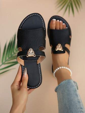 女士金属豹纹绑带平底鞋，圆头优雅沙滩凉鞋，夏季平底拖鞋