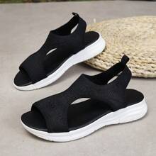 Sandalias deportivas de punto, sandalias con suela gruesa en blanco y negro, sandalias de estilo bohemio de bloques de color tejidas y caladas, calzado casual de estilo vacacional para mujer, sandalias de suela blanda para playa y verano