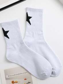1/5/10 Pairs Unisex Casual Street Style Black & White Pentagram Patterned Mid-Calf Socks, Fashion & Versatile, Fall - Black and White - View 19
