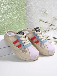 女士休闲运动网眼系带拖鞋，简约撞色学生平底运动拖鞋，户外度假运动鞋