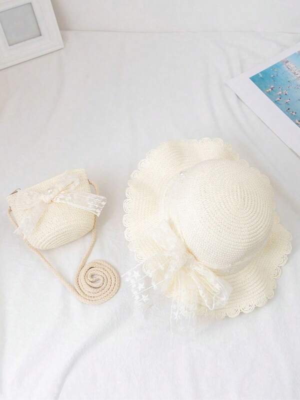 2pcs/Set Kids Straw Hat & Bag Set, Summer Children Sun Protection Hat, Baby Straw Hat And Straw Bag, Cute Wide Brim Woven Sun Hat, Suitable For Kids And Girls
