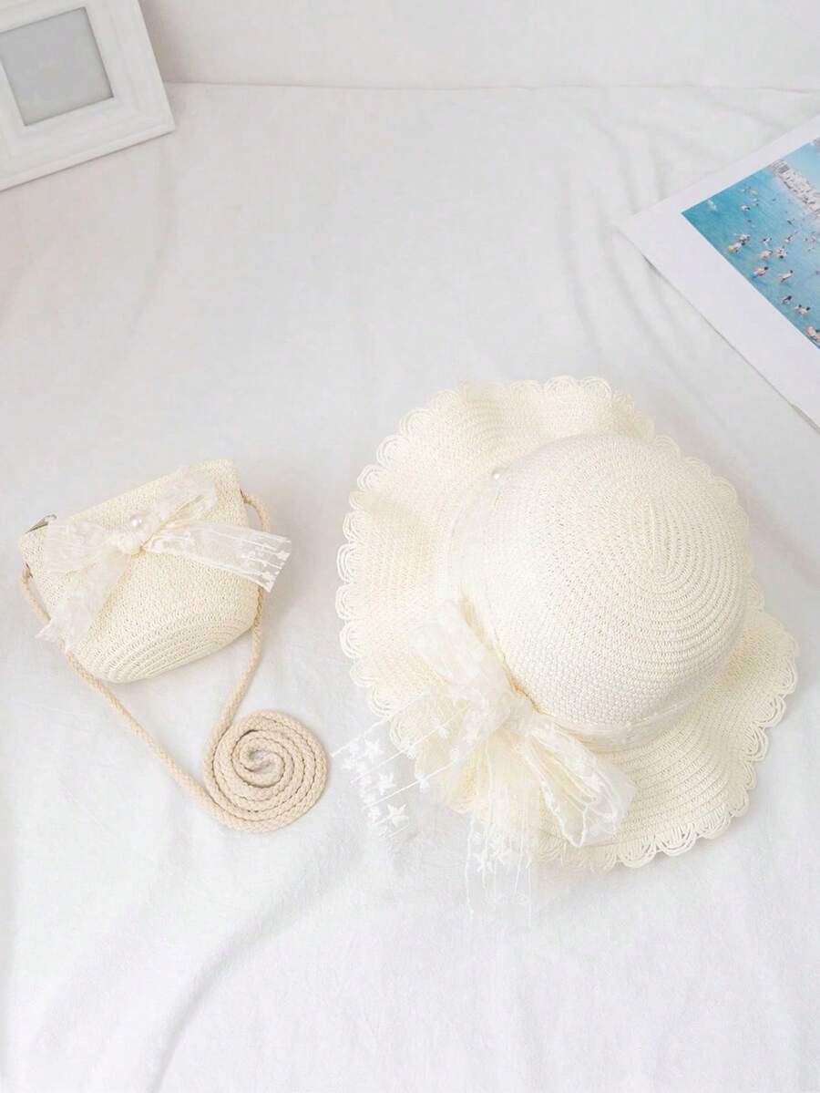 2pcs/Set Kids Straw Hat & Bag Set, Summer Children Sun Protection Hat, Baby Straw Hat And Straw Bag, Cute Wide Brim Woven Sun Hat, Suitable For Kids And Girls - White - View 1