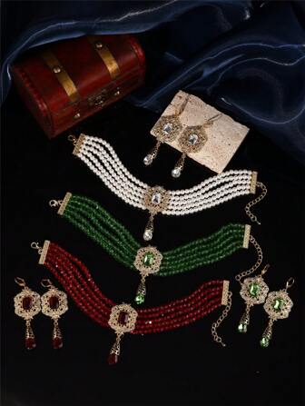 1 Set Bohemian Style Women Jewelry Set Including Necklace And Earrings, Handmade Necklace And Earring With Metal Pendants, Moroccan Ladies Wedding Party Jewelry Gift