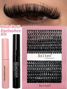 Asiteo 320片DIY簇状仿貂毛假睫毛，60D/80D蓬松凌乱自然3D混合单根假睫毛嫁接套装，包含睫毛胶水和卸妆液，假睫毛，假睫毛 - 彩色 - 查看 1