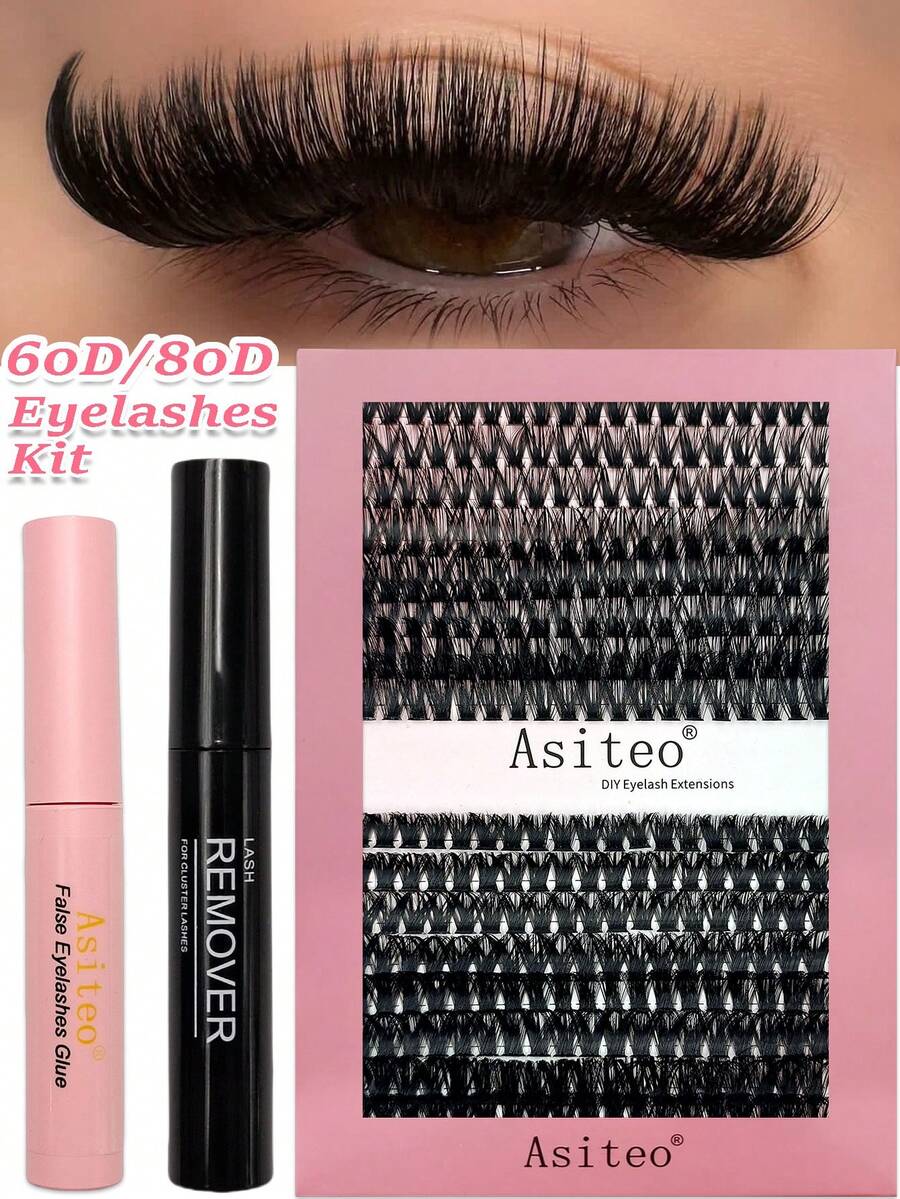 Asiteo 320片DIY簇状仿貂毛假睫毛，60D/80D蓬松凌乱自然3D混合单根假睫毛嫁接套装，包含睫毛胶水和卸妆液，假睫毛，假睫毛 - 彩色 - 查看 1