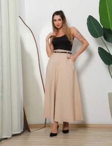 Women's Long Round Skirt Tailored Oxford Fashion Evangelical Casual Basic Winter High Waist Elegant - 米色 - 查看 2