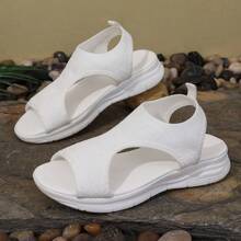 Sandalias deportivas de punto, sandalias con suela gruesa en blanco y negro, sandalias de estilo bohemio de patchwork y calado, estilo casual de vacaciones para mujer, sandalias de playa de verano con suela blanda