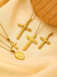 1 pièce Collier mode rétro en acier inoxydable croix, pendentif ovale creux avec chaîne en arête de poisson, convient pour un port quotidien, pour les fêtes et les festivals