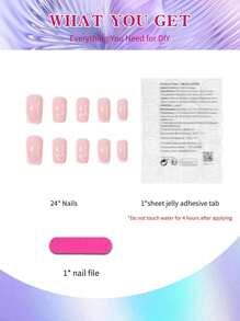 24pcs Medium Square Heart Nail Designs White French Tip Press On Nails Short Perfect Fit Acrylic False Nails Set Including