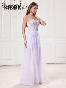 NIKBK 优雅奢华蕾丝手工珍珠水晶心形领口婚纱、舞会礼服、晚礼服、正式晚宴礼服、婚礼宾客礼服 - 淡紫色 - 查看 7