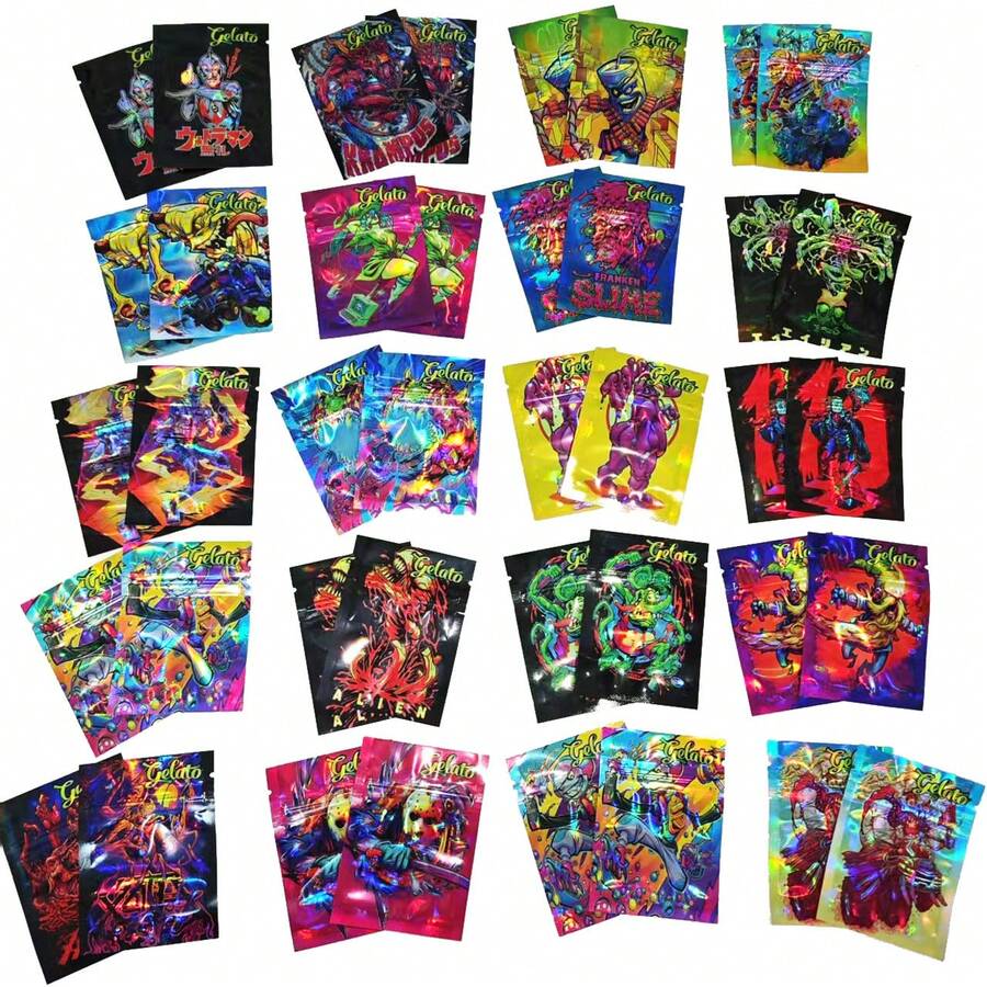 100 个混合卡通设计全息箔 3D 激光辐射风格自封聚酯薄膜袋，1g 防臭可重复使用拉链袋，用于礼品包装和储存，可重复密封防水礼品储存塑料包装袋