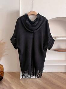 1pc Women Solid Color Hooded Button Poncho, Bohemian Style, Knitted Warm Pullover Outerwear For Daily Wear, Autumn/Winter - Black - View 3