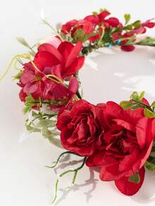 1pc Bohemian Floral Crown, Faux Vintage Peony Flower Headband, Bridal Wedding Hair Accessories - Red - View 3
