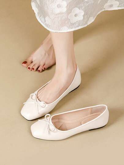 Bailarinas de punta cuadrada blancas con lazo para niñas, calzado casual y versátil para oficina, cómodas bailarinas slip-on aptas para exteriores, primavera/verano, combinan con vestidos, para niñas grandes y adolescentes